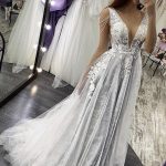 Straps V-neck Appliques Pearls Backless Wedding DressLong A-Line Style