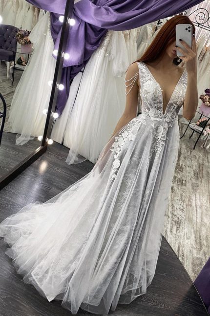 Straps V-neck Appliques Pearls Backless Wedding DressLong A-Line Style