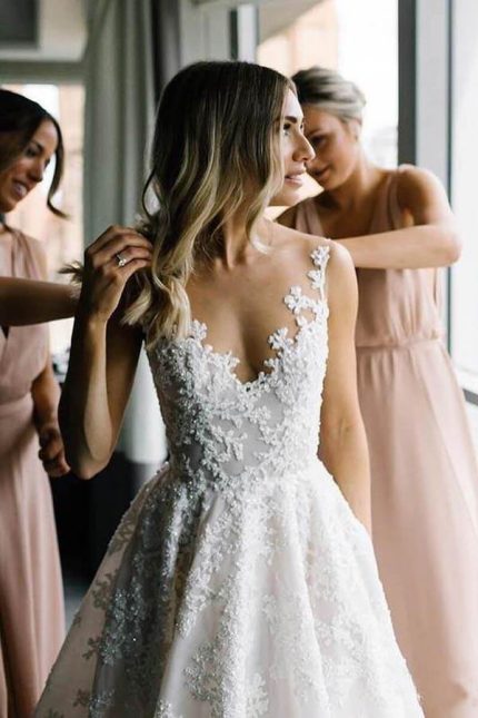 Straps V-neck Floral Beads Tulle Backless Wedding DressLong A-Line Style