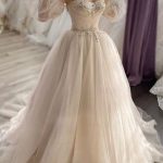 Sweetheart Backless Appliques Lace Crystal Tulle Wedding Dress with Sleeves in Long A-Line Style