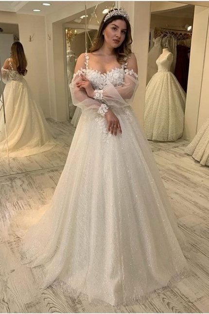 Sweetheart Spaghetti Straps Glitter Wedding Dress with Sleeves in Long A-Line Style