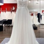 Tulle V Neck Open Back Appliques Lace Wedding Dress in Long A-Line Style