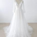 Appliques Lace Tulle Backless Wedding Dress with Sleeves and V Neck in Long A-Line Style