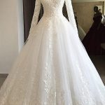 Appliques Lace Tulle Wedding Dress with Sleeves and V Neck in Long A-Line Style