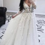 Appliques Lace Tulle Wedding Dress with Sleeves and V Neck Long A-Line Style