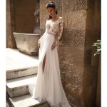 V Neck Chiffon Lace Backless Wedding Dresses with Sleeves in Long A-Line Style