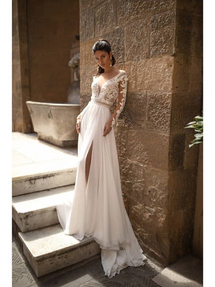 V Neck Chiffon Lace Backless Wedding Dresses with Sleeves in Long A-Line Style