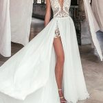 Chiffon Lace See-Through Wedding Dresses with Slit and V-Neck in Long A-Line Style