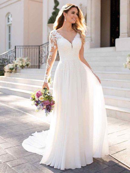 V Neck Chiffon Satin Backless Wedding Dresses with Sleeves in Long A-Line Style