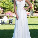 Court Train Chiffon Backless Wedding Dresses with V Neck in Long A-Line Style