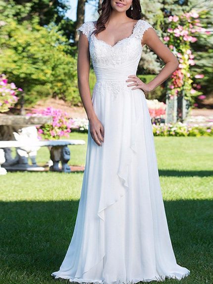 Court Train Chiffon Backless Wedding Dresses with V Neck in Long A-Line Style