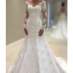 Court Train Lace Tulle Wedding Dresses with Sleeves in Long A-Line V Neck Style