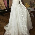 Covered Button Satin Lace Wedding Dresses with Sleeves and V Neck in Long A-Line Style