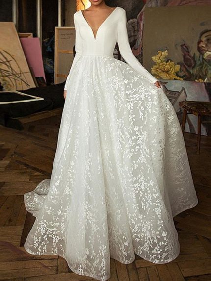 Covered Button Satin Lace Wedding Dresses with Sleeves and V Neck in Long A-Line Style