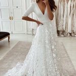 Lace Front Slit Wedding Dress with Sleeves and V Neck in Long A-Line Style