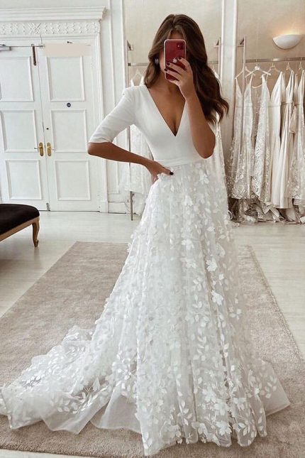 Lace Front Slit Wedding Dress with Sleeves and V Neck in Long A-Line Style
