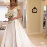 Lace Satin Wedding Dresses with Sleeves and V Neck in Long A-Line Style