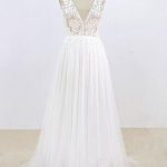 Lace Tulle Open Back Wedding Dress with V Neck in Long A-Line Style