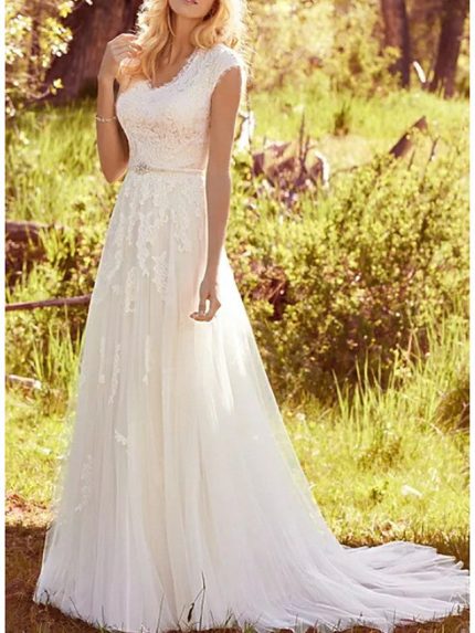 Regular Straps Lace Tulle Wedding Dresses with V Neck in Long A-Line Style