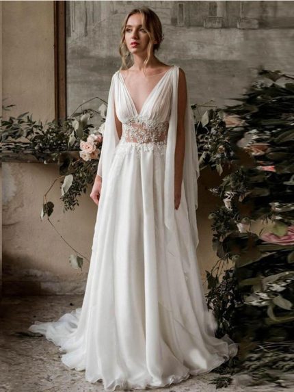Ruffles Chiffon Wedding Dresses with V Neck in Long A-Line Style
