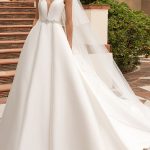 Satin Backless Wedding Dresses with Pockets and V Neck in Long A-Line Style