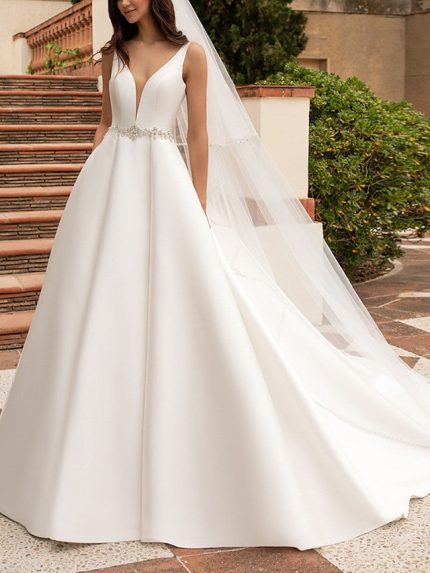 Satin Backless Wedding Dresses with Pockets and V Neck in Long A-Line Style