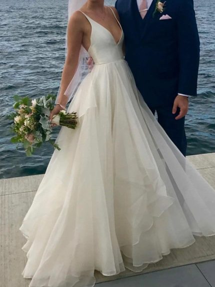 Satin Tulle Open Back Wedding Dresses with V Neck in Long A-Line Style