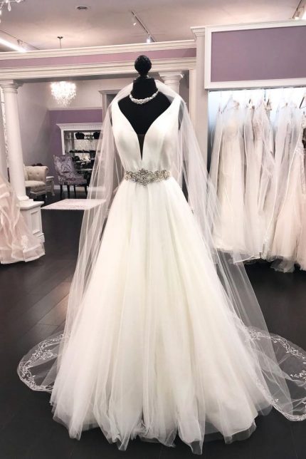 Satin Tulle Wedding Dress with V Neck in Long A-Line Style