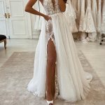 Spaghetti Strap Tulle Wedding Dresses with Slit and V Neck in Long A-Line Style