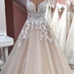 Spaghetti Straps Backless Appliques Lace Tulle Wedding Dress with V Neck in Long A-Line Style