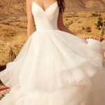 Spaghetti Straps Backless Ruffles Tulle Wedding Dress with V Neck in Long A-Line Style