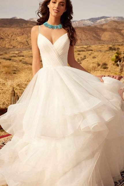 Spaghetti Straps Backless Ruffles Tulle Wedding Dress with V Neck in Long A-Line Style