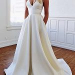 Stretch Satin Backless Wedding Dresses with Pockets and V Neck in Long A-Line Style
