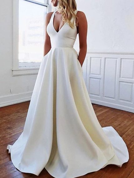 Stretch Satin Backless Wedding Dresses with Pockets and V Neck in Long A-Line Style