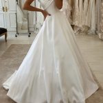 Sweep Brush Train Satin Wedding Dresses with V Neck in Long A-Line Style