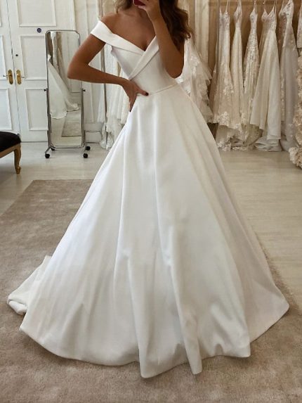 Sweep Brush Train Satin Wedding Dresses with V Neck in Long A-Line Style