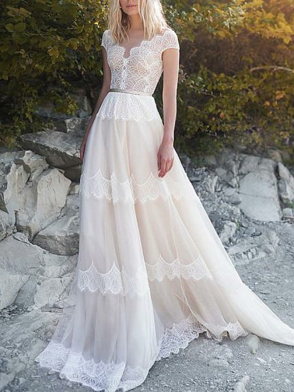 Sweep Brush Train Tulle Backless Wedding Dresses with V Neck in Long A-Line Style