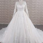 Tulle Appliques Lace Wedding Dress with Sleeves and V Neck in Long A-Line Style