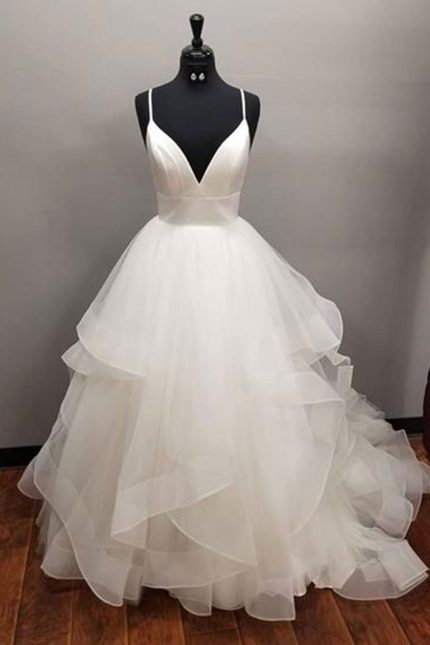 Tulle Backless Wedding Dress with V Neck in Long A-Line Style