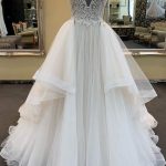 Tulle Lace Wedding Dress with V Neck in Long A-Line Style
