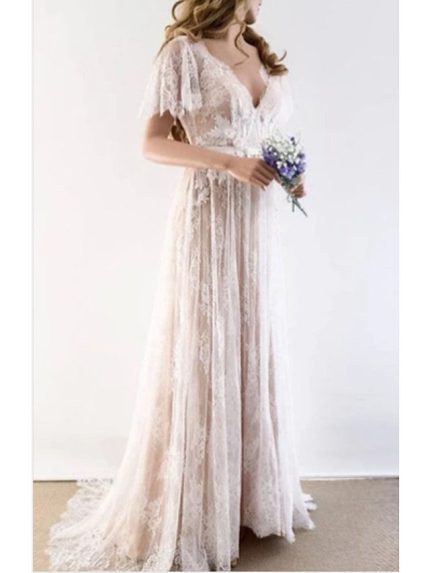 Tulle Lace Wedding Dresses with Sleeves and V Neck in Long A-Line Style