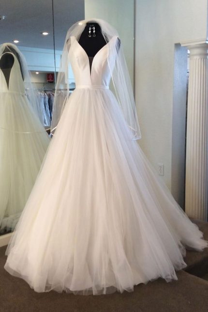 Tulle Satin Wedding Dress with V Neck in Long A-Line Style