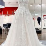 A-Line V-Neck Tulle Sleeveless Wedding Dress with Backless Design and Lace Appliques