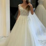 A-Line V-Neck Wedding Dress with Wide Straps Lace Appliques and Pearl Details