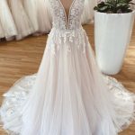 A-Line Wedding Dress with Wide Straps and Floral Lace Details in Long Length