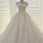 Ball Gown with Beading and Bateau Neckline Featuring Appliques Lace and Sleeves