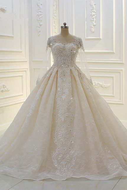 Ball Gown with Beading and Bateau Neckline Featuring Appliques Lace and Sleeves