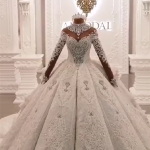 Ball Gown with High Neckline Sparkling Applique Details and Sleeves