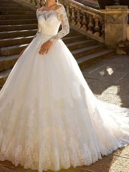 Ball Gown with Off the Shoulder Neckline and Graceful Lace Tulle Adorned with Sleeves