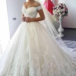 Ball Gown with Off-the-Shoulder Neckline Tulle Lace and Delicate Beadwork